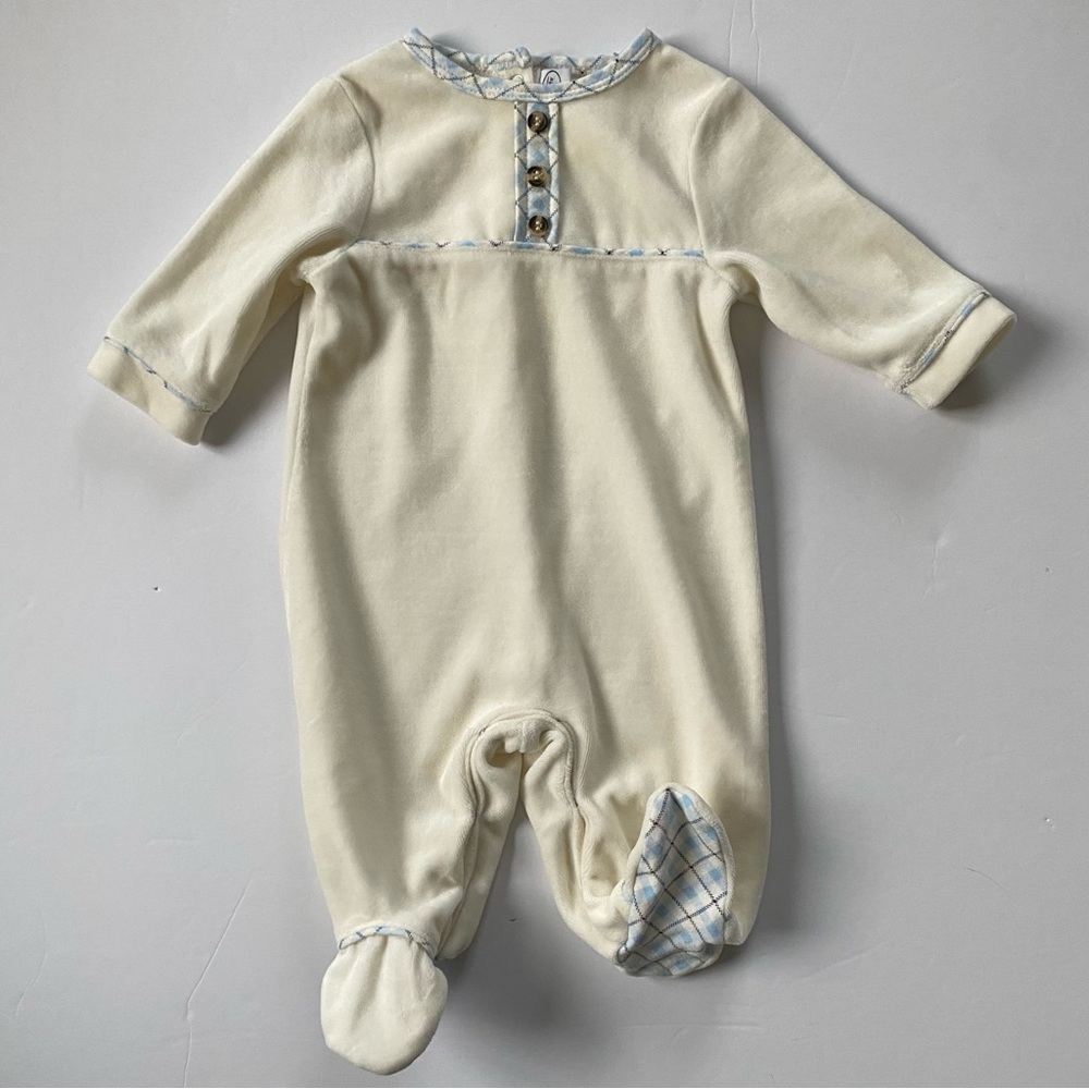 Talbots Velour Outfit 0 3 Months Romper White Blue Baby Boys Plaid trim 1 piece
